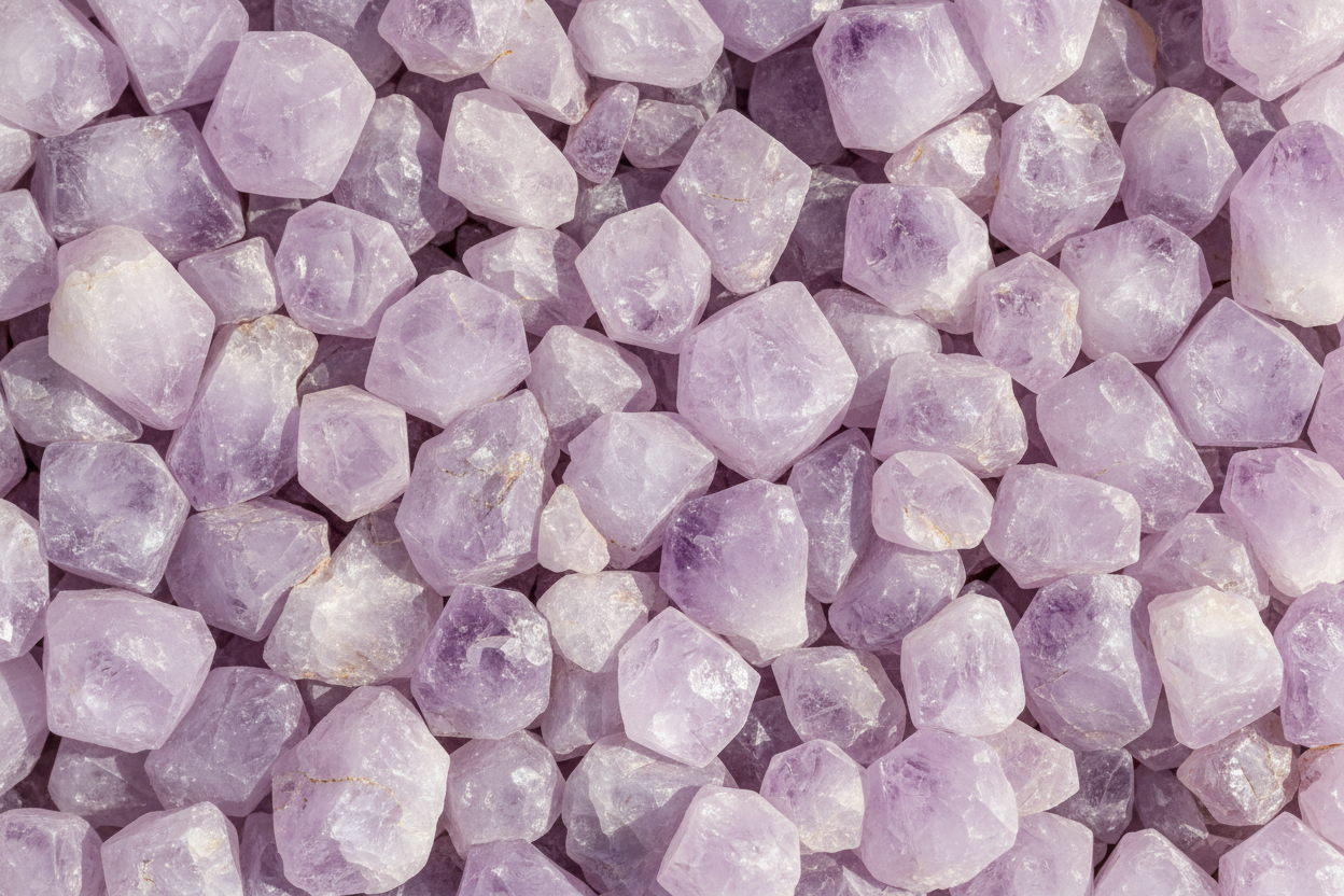 “Ultra realistic bird's eye view macro photograph of raw, unpolished lilac amethyst crystals arranged tightly together and filling the entire frame. Detailed mineral textures with natural fractures, gentle translucence, and soft internal cloudiness. Diffused natural lighting with subtle highlights and no harsh reflections. The surface appears evenly lit with every crystal in crisp focus. Stones in natural lilac amethyst grade aaa tones ranging from pale lavender to soft violet.”