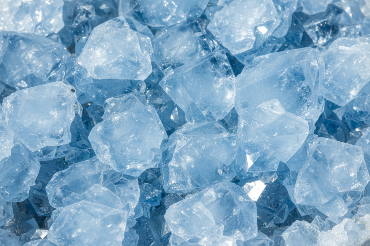 Ultra realistic macro photograph of raw, unpolished Grade AAA blue celestite crystal clusters arranged tightly together and filling the entire frame. Highly detailed mineral surfaces with layered crystalline formations, soft sky-blue translucence, and clean internal clarity. Subtle natural sparkle visible in reflective facets under diffused lighting. Soft, even natural light with gentle highlights and no harsh reflections. The crystals appear uniformly lit with every point rendered sharply In vivid detail.