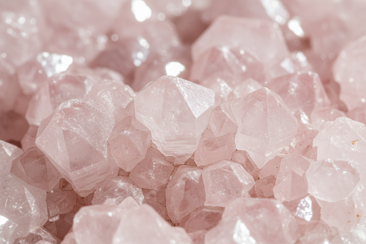 Ultra realistic macro photograph of raw, unpolished Grade AAA rose quartz crystal clusters arranged tightly together and filling the entire frame. Highly detailed mineral surfaces with layered translucent pink formations, soft pastel tone, and clean internal clarity. Subtle natural sparkle visible in reflective facets under diffused lighting. Soft, even natural light with gentle highlights and no harsh reflections. The crystals appear uniformly lit with every point rendered sharply in vivid fine detail.